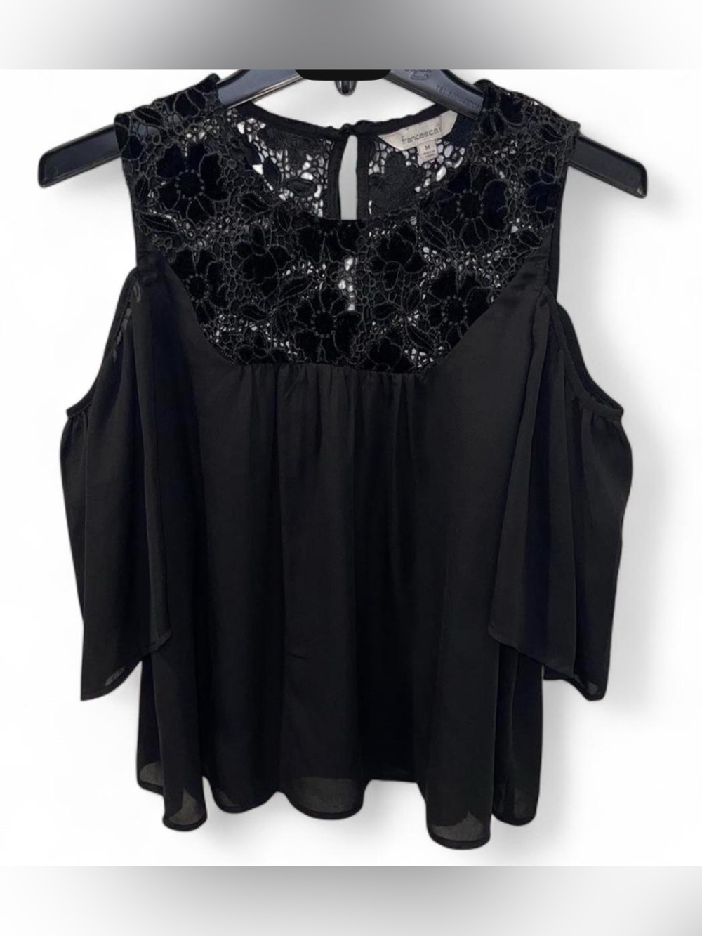 Francesca's Collections Black Cold-Shoulder Lace Yoke Blouse